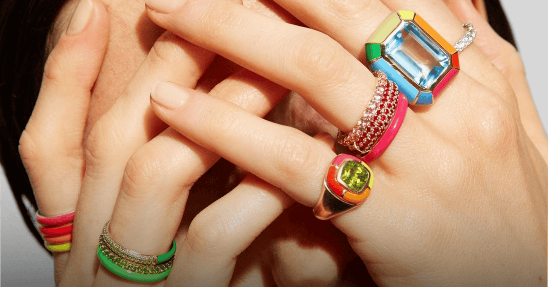 A model wearing  colourful jewellery 