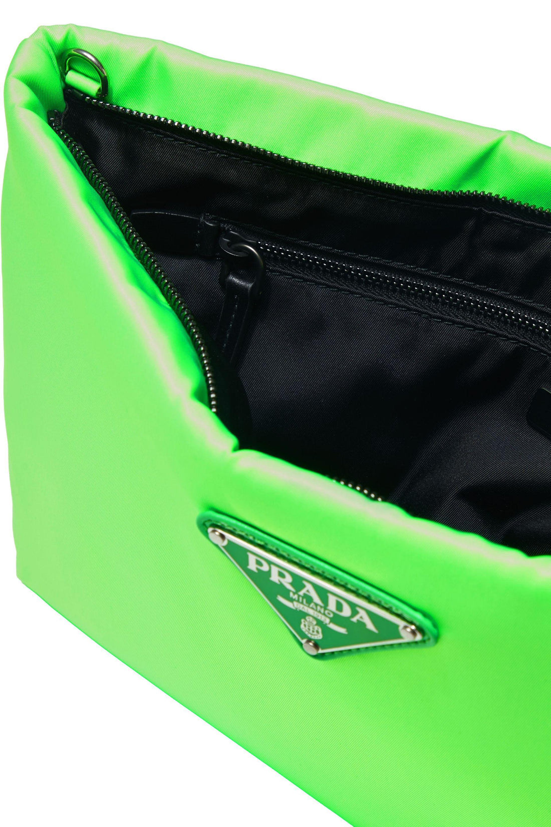 Neon green Prada tote bag, close-up of triangle logo and open zip