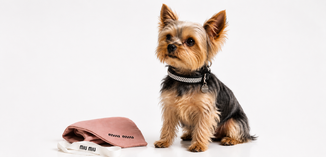 A yorkie wearing a miu miu embellished dog collar