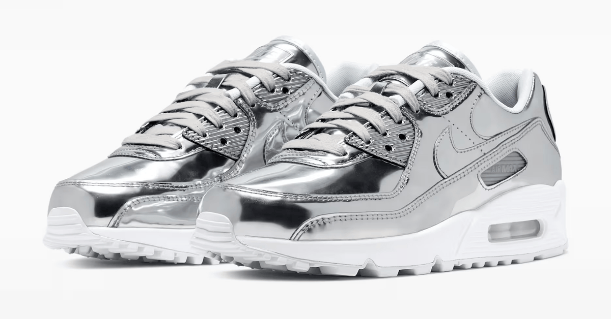 an image of a studio shot pair of the air max 90 chrome