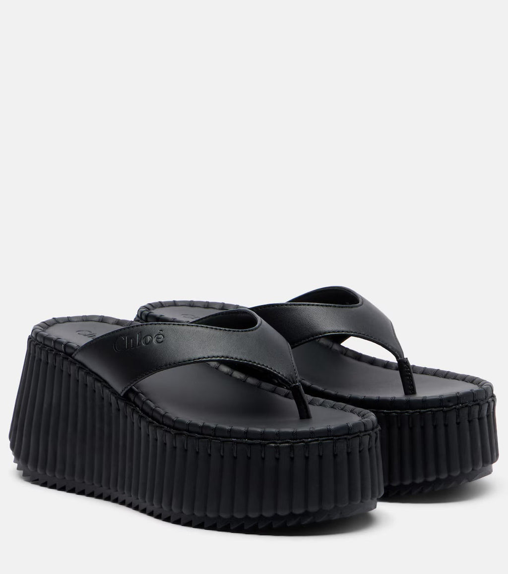 Chloé Nama Leather Platform Thong Sandals – Black