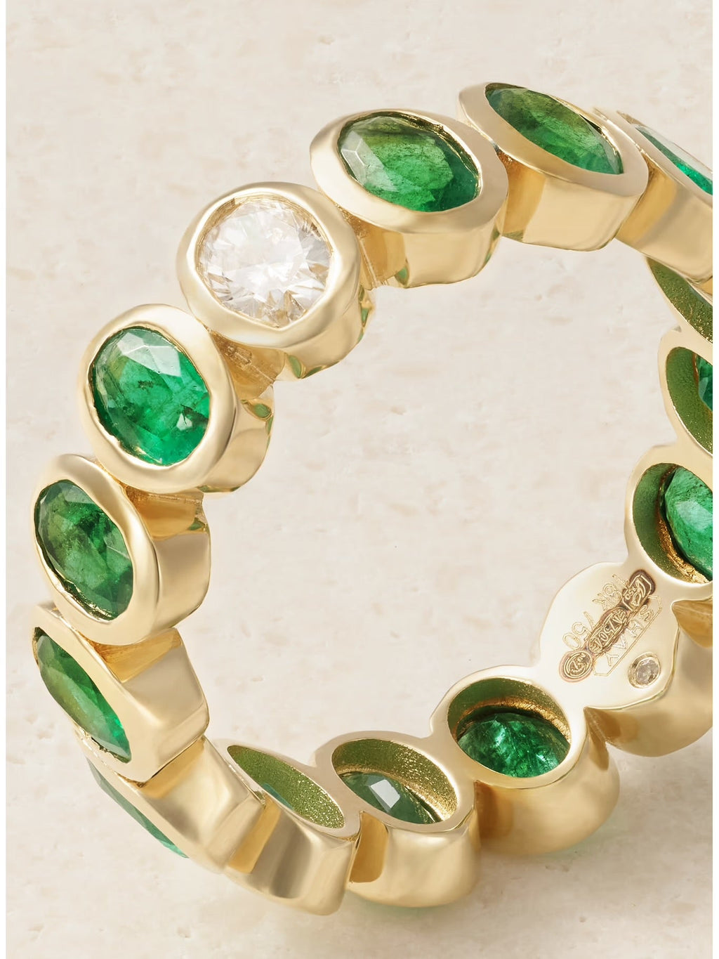 Emerald and Diamond Eternity Ring, 18K Yellow Gold