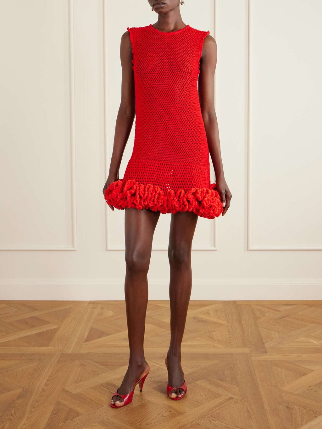 Nature Flow Ruffled Open-Knit Wool Mini Dress