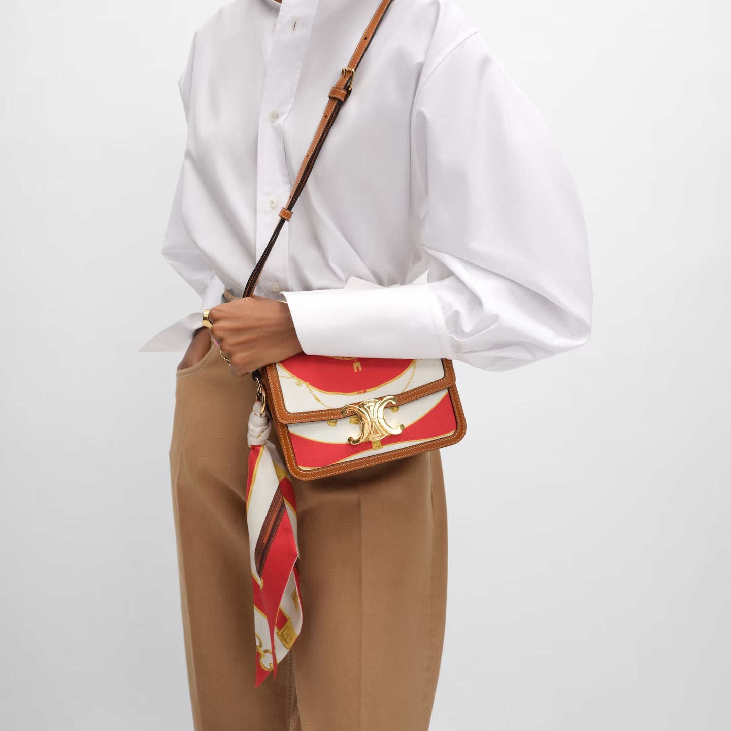 Céline Teen Triomphe Bag in Silk and Natural Calfskin – Red/Off White