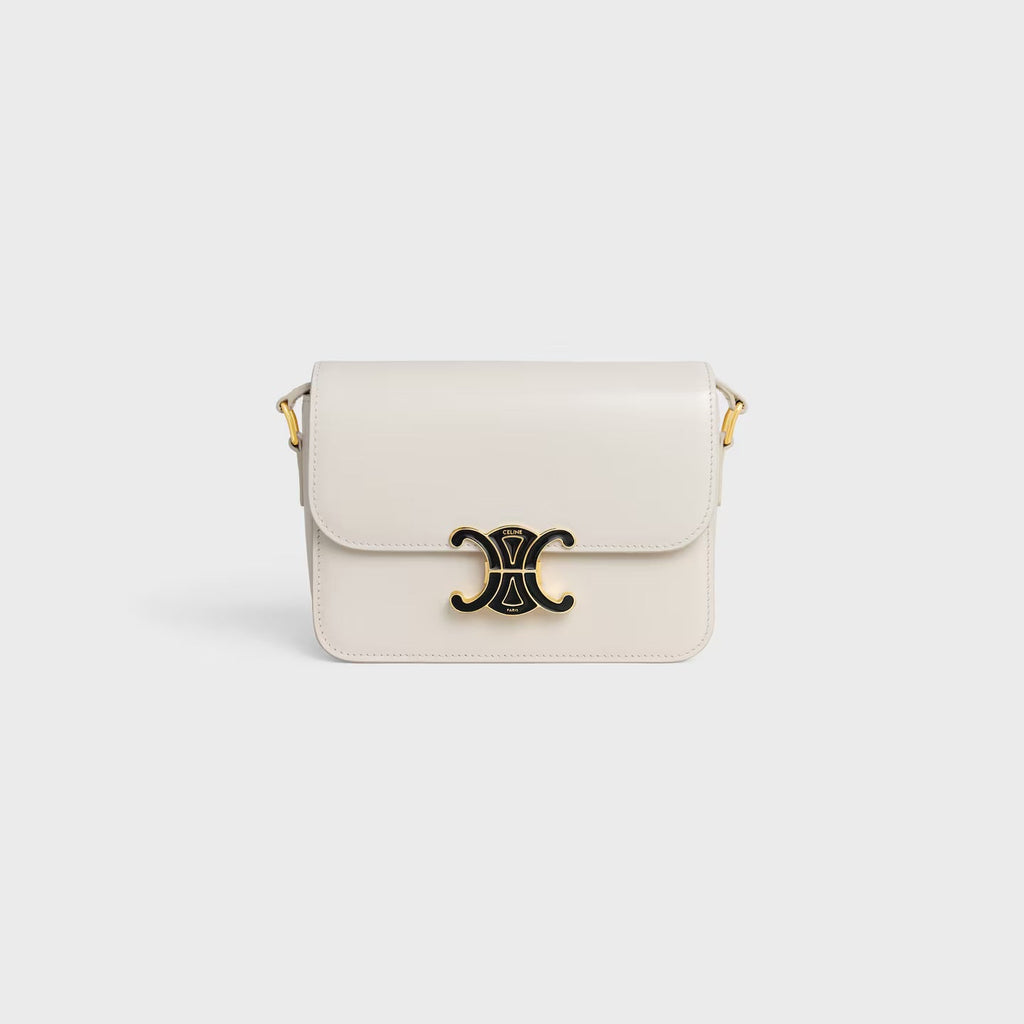 Céline Teen Triomphe Bag in Shiny Calfskin with Enamel Closure – White Cotton/Black
