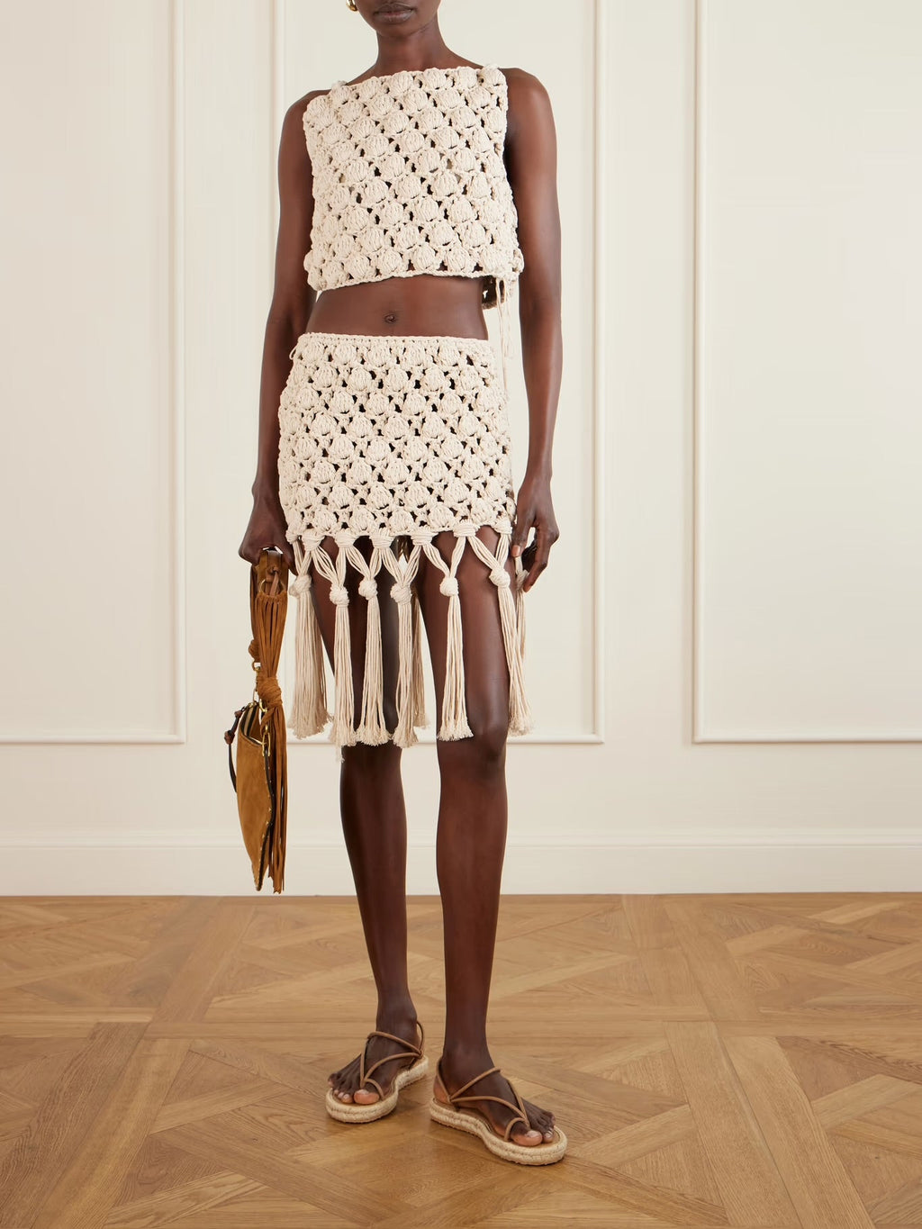 Balmain Fringed Crochet-Knit Cotton Mini Skirt
