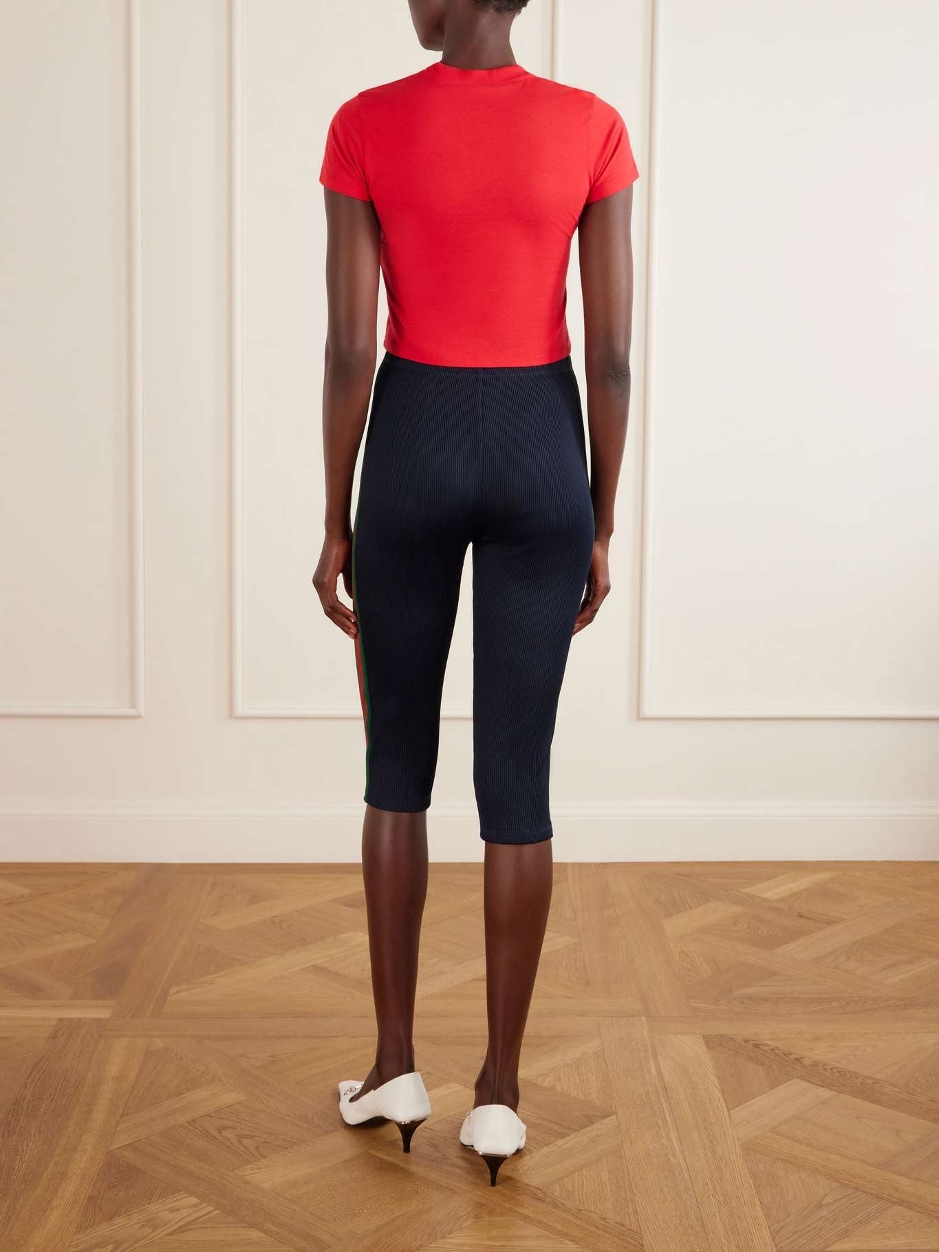 Gucci Web-Trimmed Ribbed Skinny-Leg Capri Pants in Blue