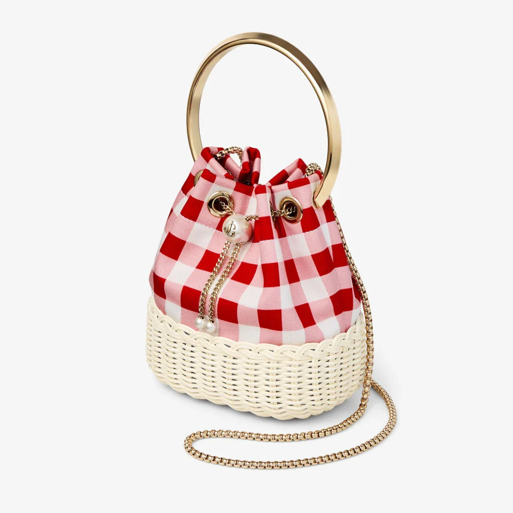 Jimmy Choo Bon Bon Ruby Red Gingham Cotton Fabric and Wicker Bucket Bag