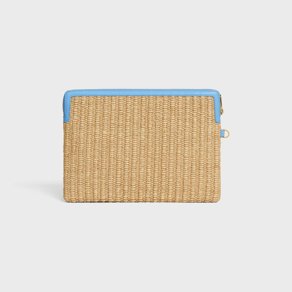 Celine Small Pouch with Strap in Raffia Effect Textile and Calfskin – Sky Blue