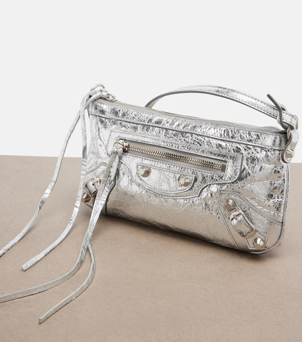Balenciaga Le City Metallic Leather Shoulder Bag Silver