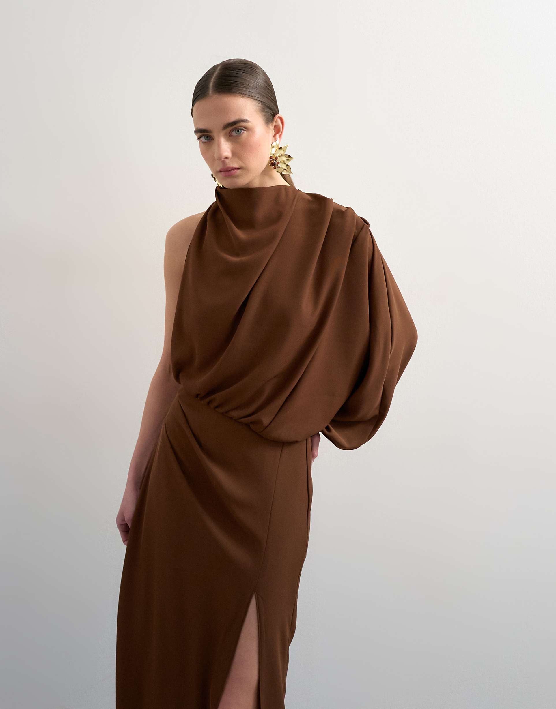 Topshop One Sleeve Drape Maxi Dress in Chocolate