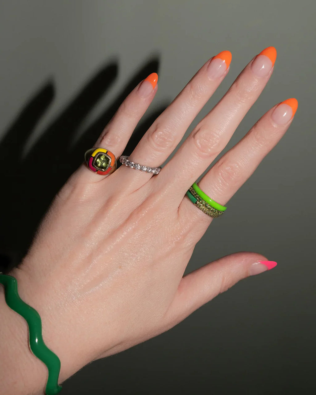 The Set of Three Pavé + Enamel Stacking Rings, 14K Gold