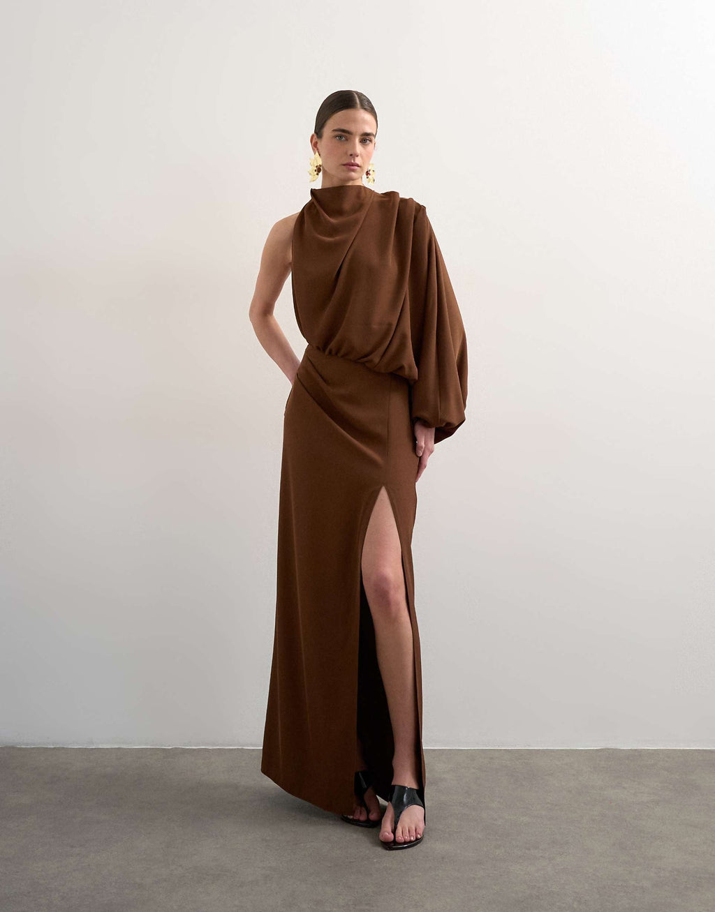 Topshop One Sleeve Drape Maxi Dress in Chocolate