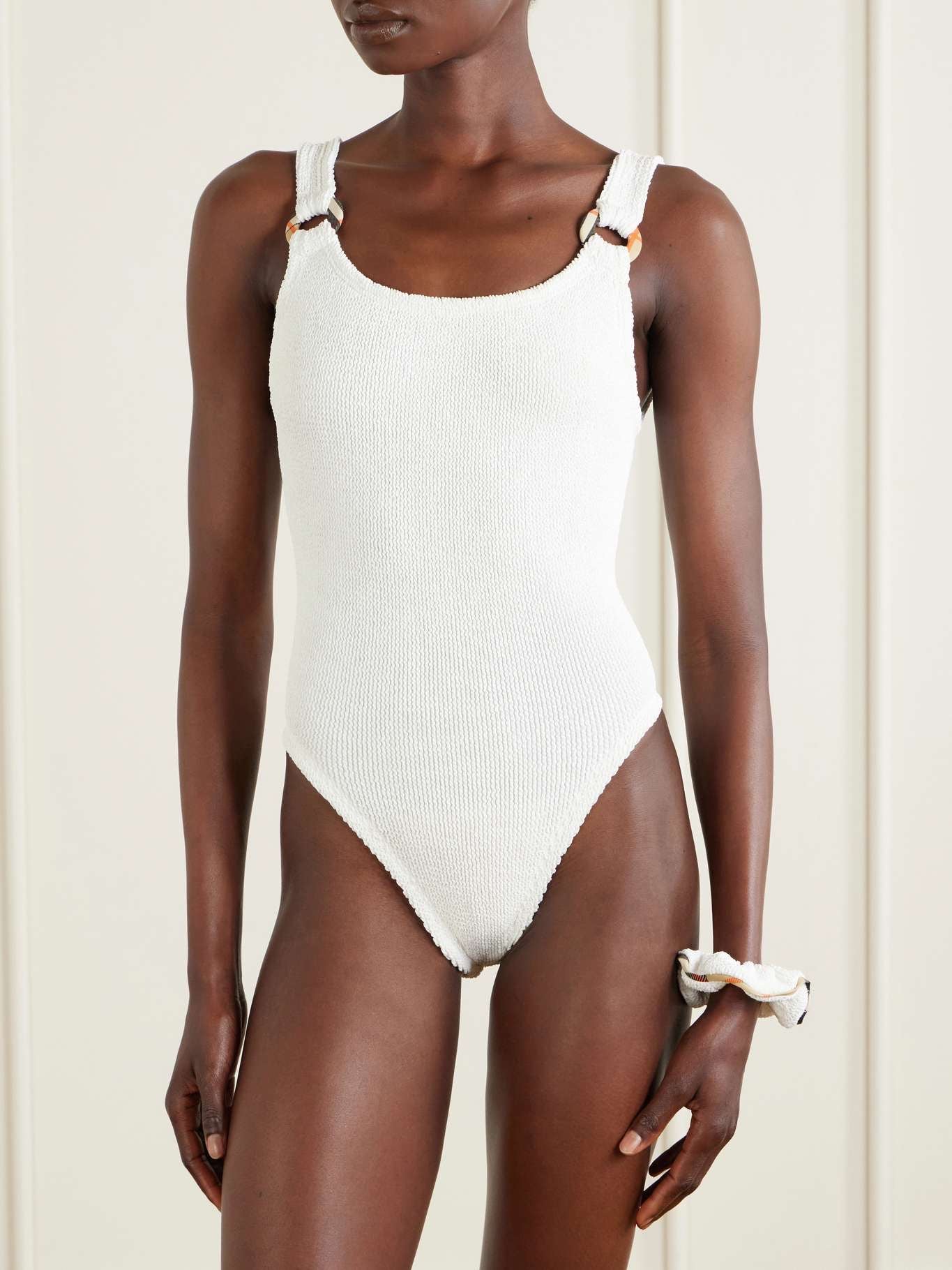 Burberry + Hunza G Domino Embellished Original Crinkle™ Swimsuit — White