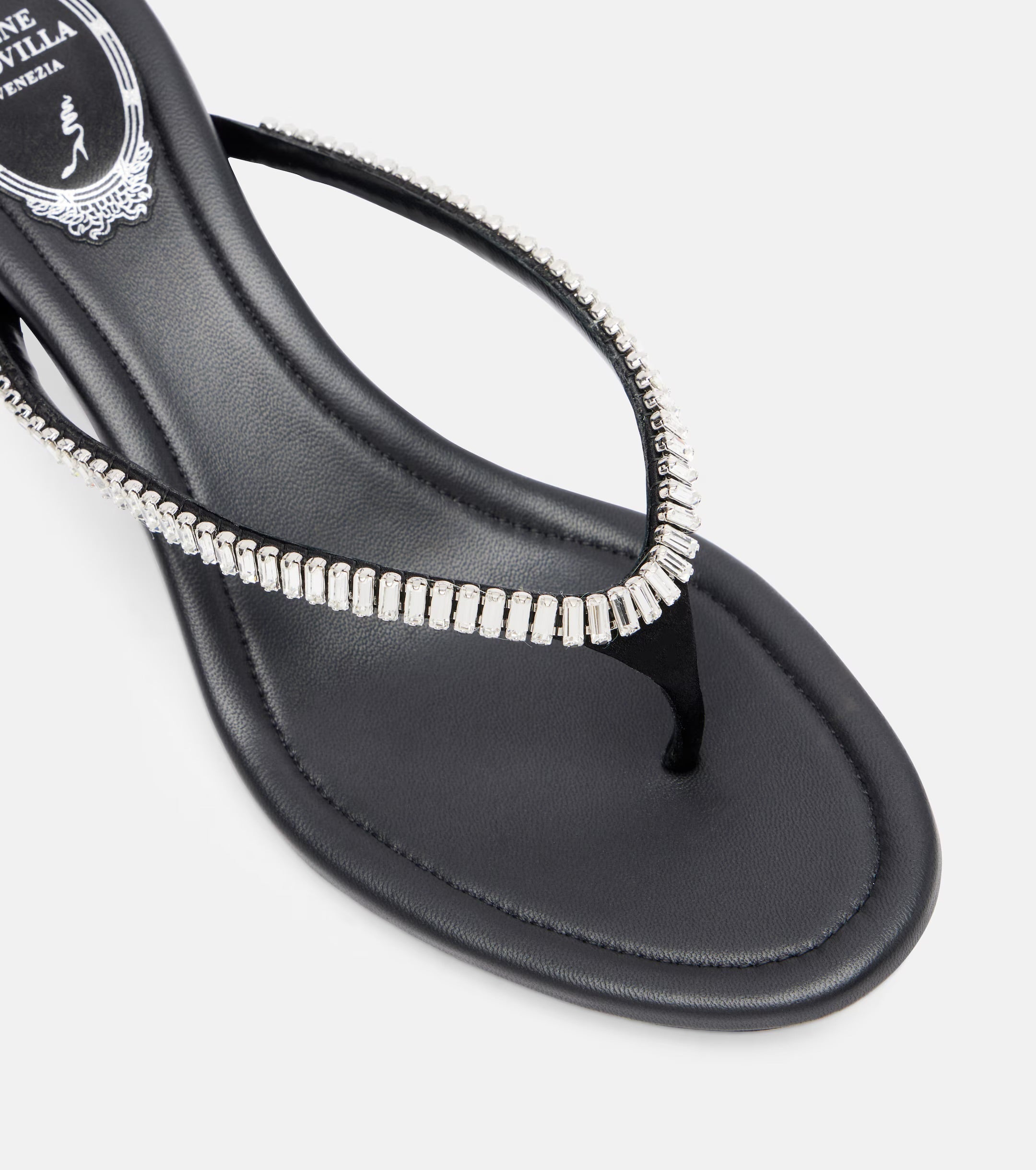 René Caovilla Embellished Satin Thong Sandals – Black