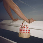 Jimmy Choo Bon Bon Ruby Red Gingham Cotton Fabric and Wicker Bucket Bag