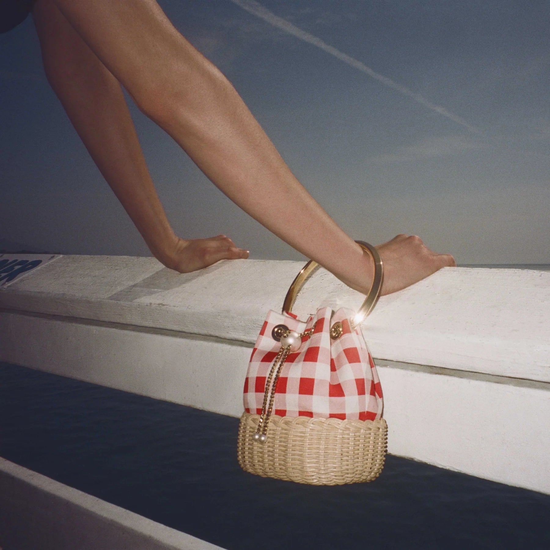 Jimmy Choo Bon Bon Ruby Red Gingham Cotton Fabric and Wicker Bucket Bag