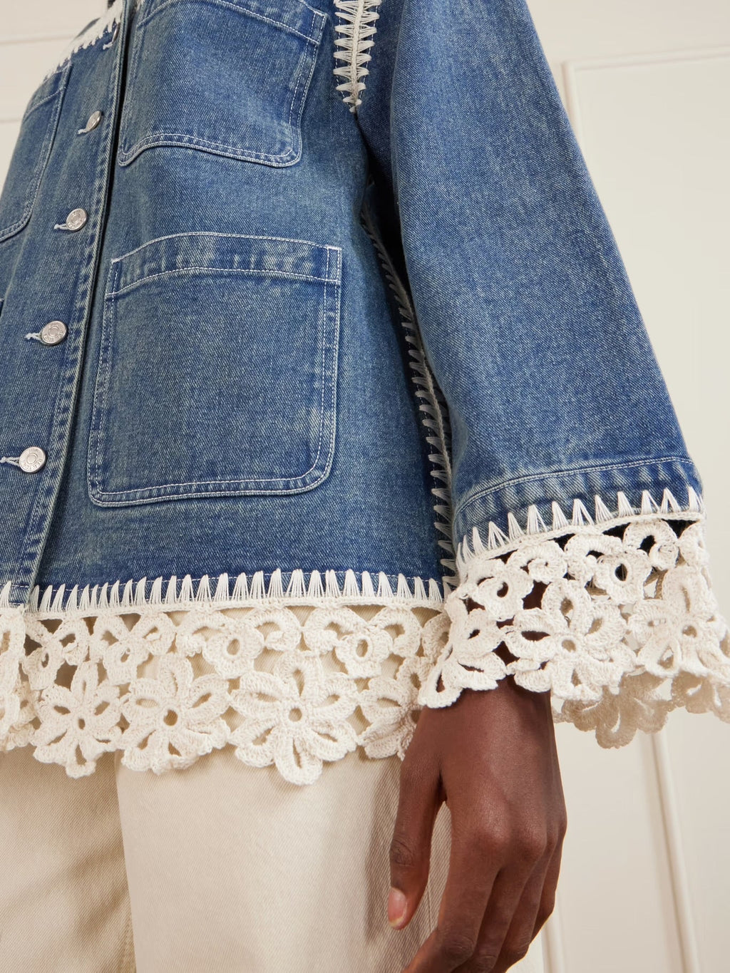 Stasia Crochet-Trimmed Denim Jacket