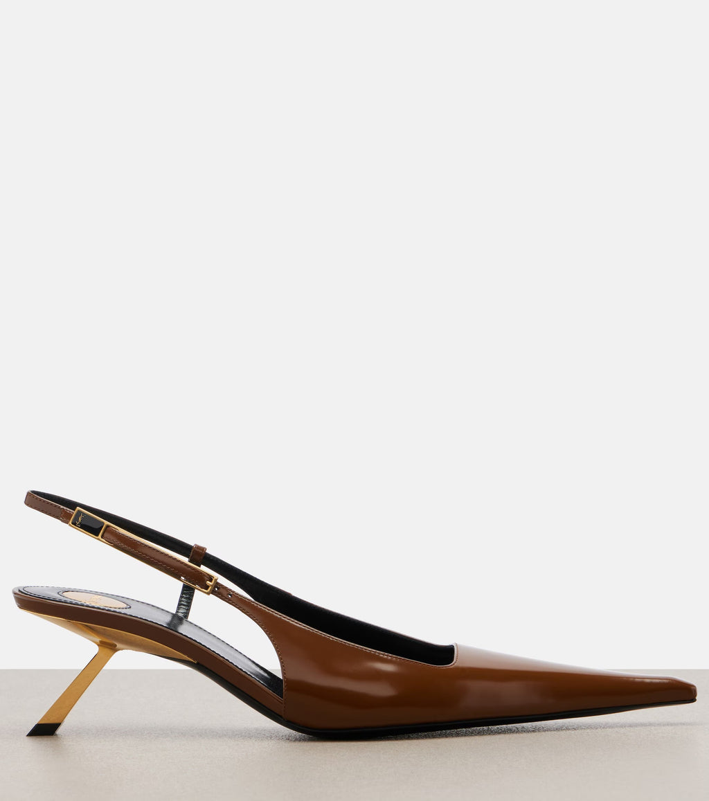 Saint Laurent Lee 55 Patent Leather Slingback Pumps – Brown