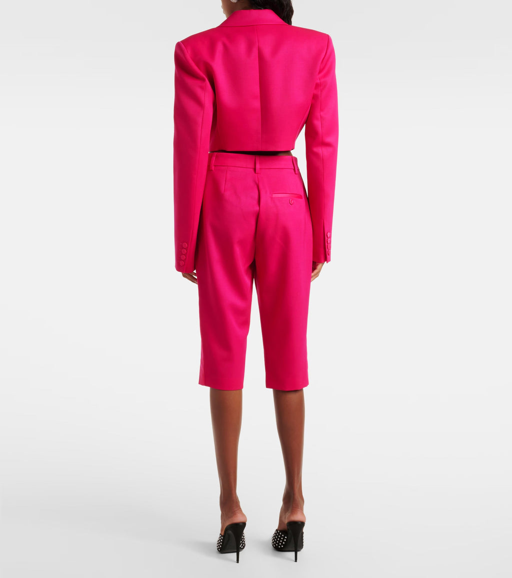 Area Floral Appliqué Wool Capri Pants in Pink