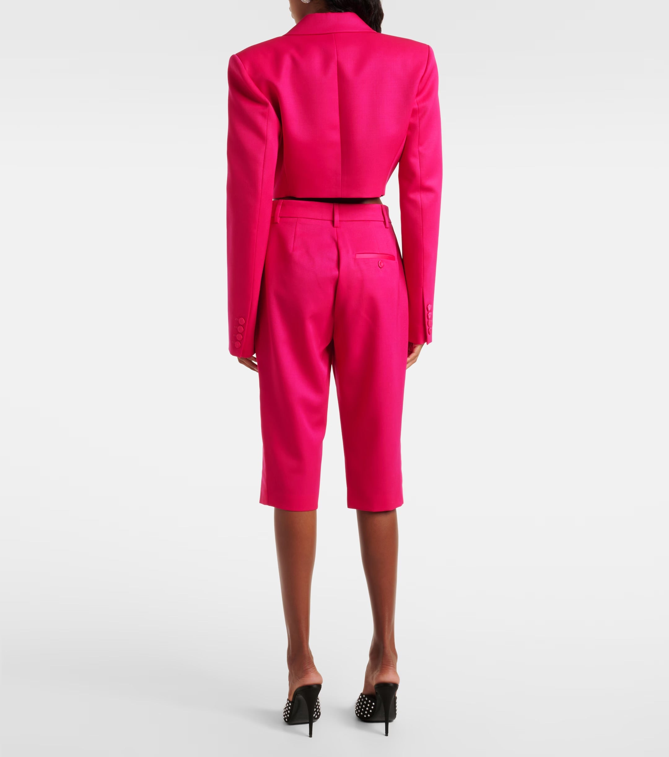 Area Floral Appliqué Wool Capri Pants in Pink