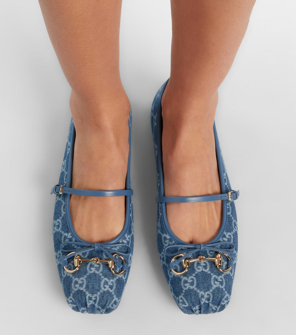 Gucci Horsebit GG Denim Ballet Flats