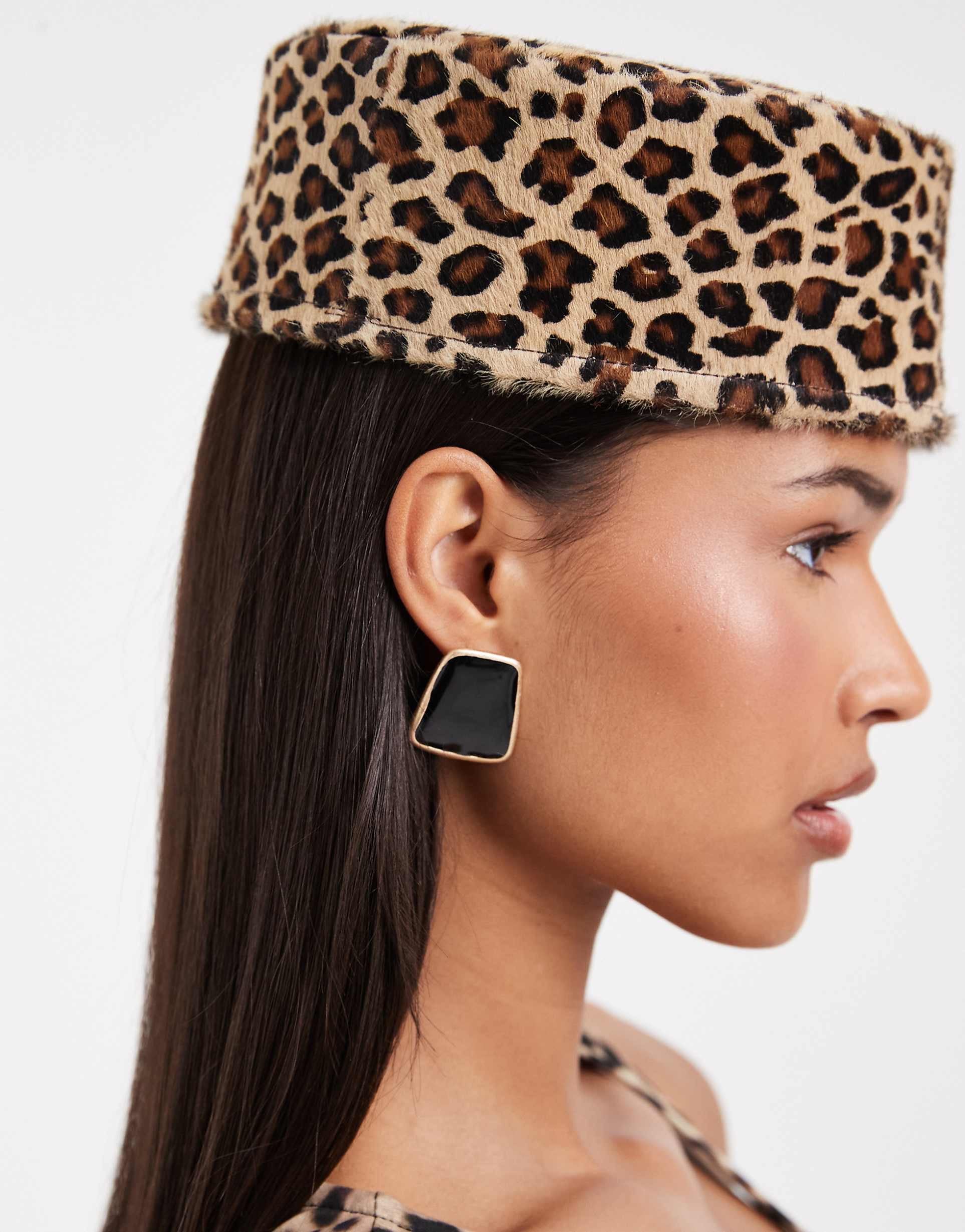ASOS Design Hair On Leather Pillbox Hat in Leopard Print