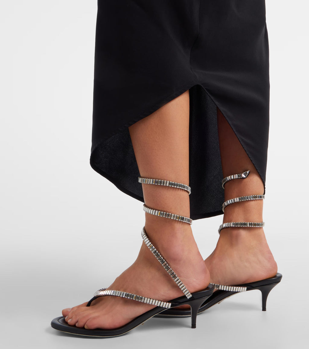René Caovilla Embellished Satin Thong Sandals – Black