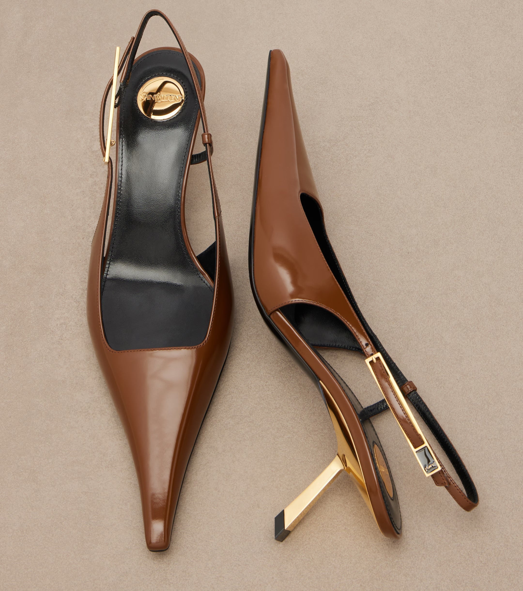 Saint Laurent Lee 55 Patent Leather Slingback Pumps – Brown