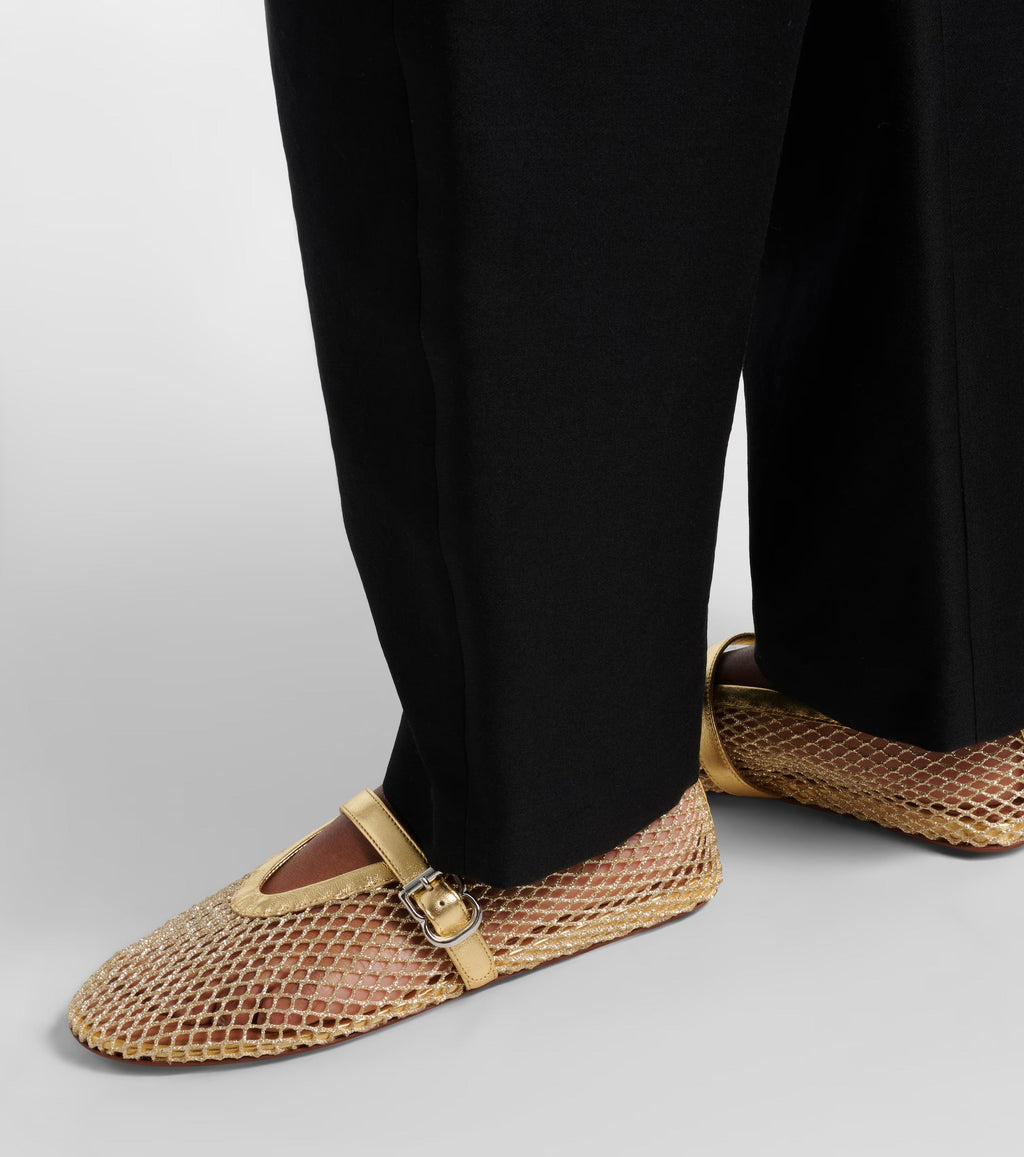 Leather-trimmed Fishnet Ballet Flats