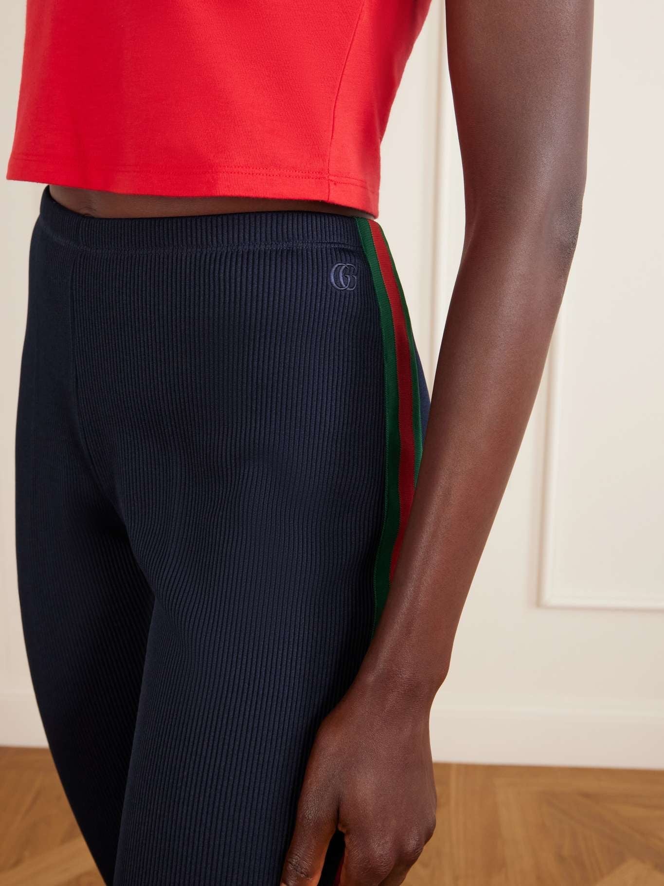 Gucci Web-Trimmed Ribbed Skinny-Leg Capri Pants in Blue