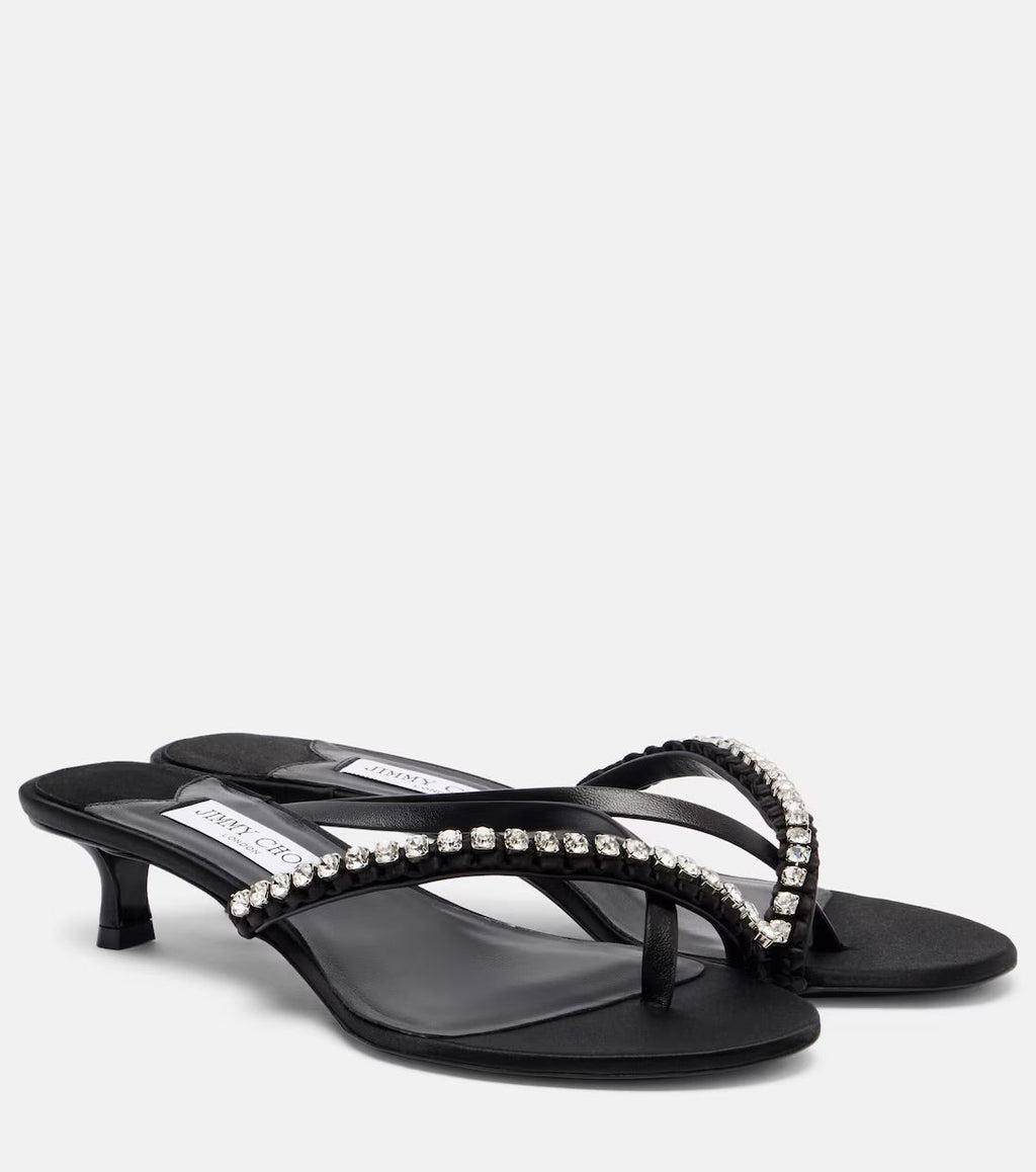 Jimmy Choo Dila 35 Leather and Satin Thong Sandals – Black