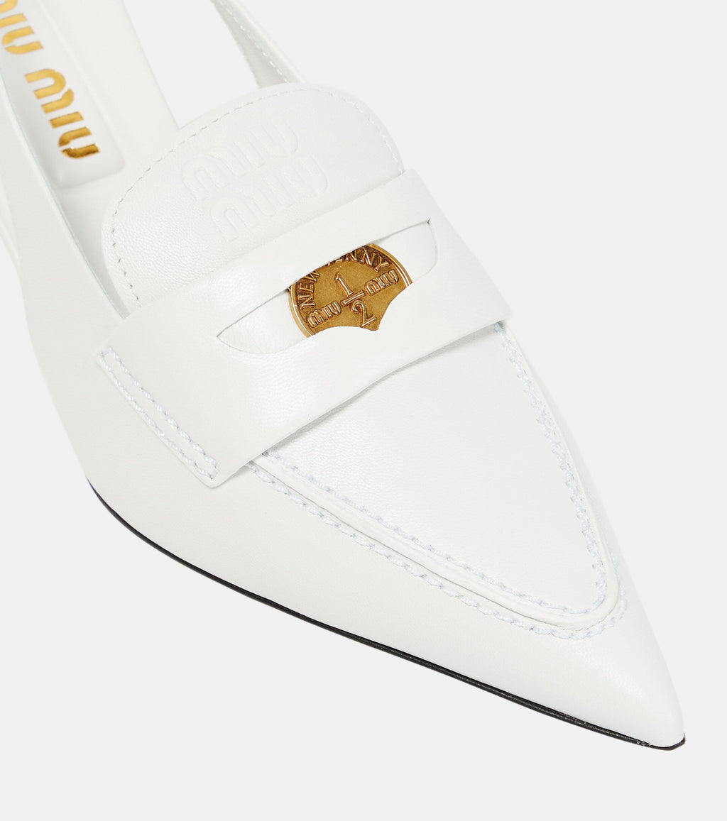 Miu Miu Leather Slingback Penny Loafers – White