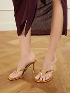 Amina Muaddi – Juliette 95 Metallic Leather Thong Sandals