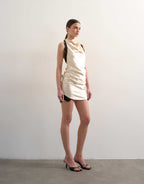 Satin Halter Cowl Neck Mini Dress with Black Contrast Lace Trim in Oyster