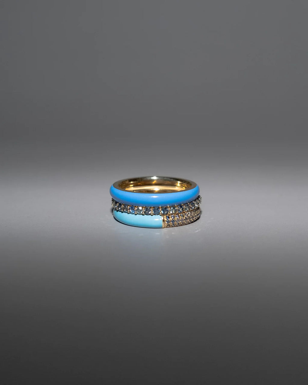 The Set of Three Pavé + Enamel Stacking Rings, 14K Gold