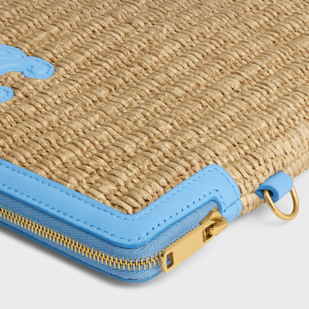 Celine Small Pouch with Strap in Raffia Effect Textile and Calfskin – Sky Blue