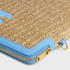 Celine Small Pouch with Strap in Raffia Effect Textile and Calfskin – Sky Blue