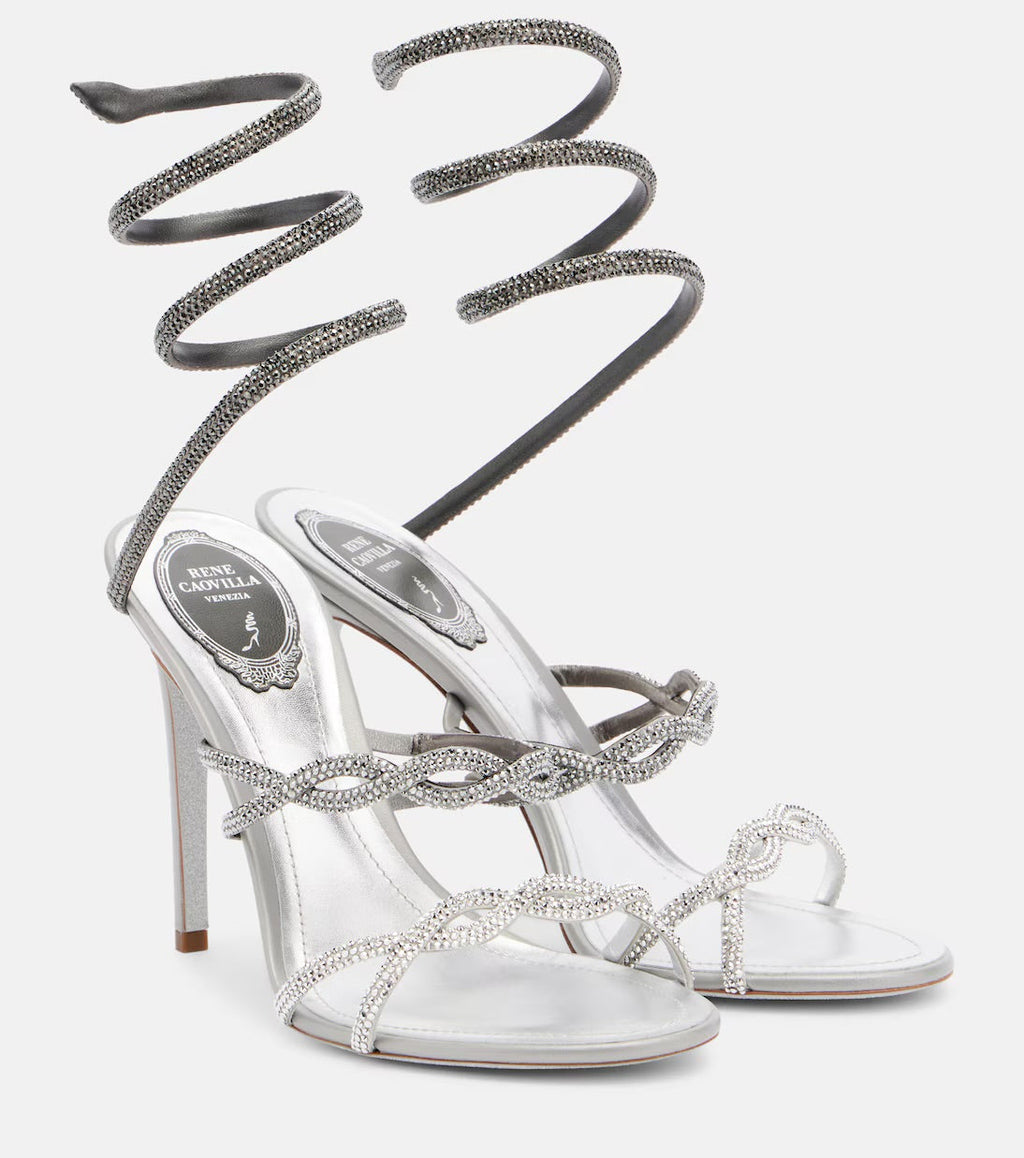 René Caovilla Cleo Embellished Satin Sandals – Silver
