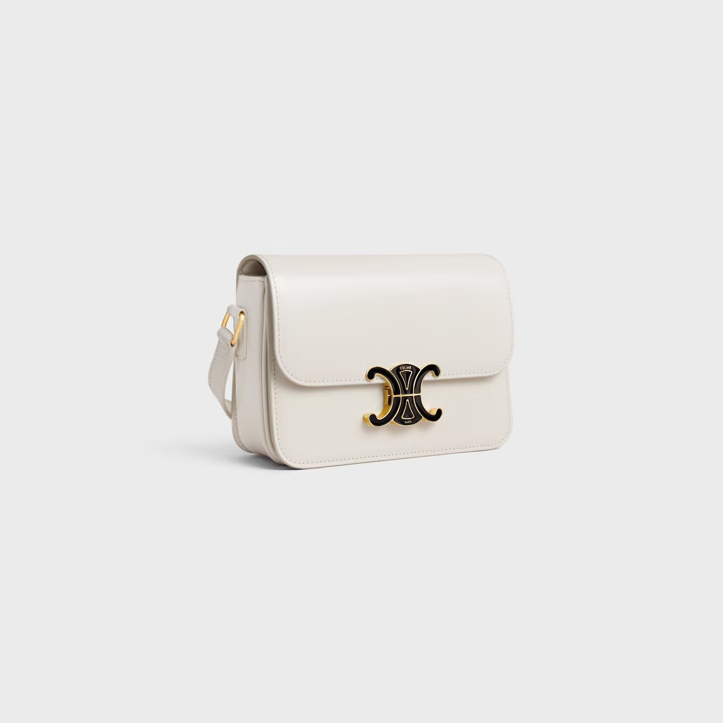 Céline Teen Triomphe Bag in Shiny Calfskin with Enamel Closure – White Cotton/Black