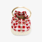Jimmy Choo Bon Bon Ruby Red Gingham Cotton Fabric and Wicker Bucket Bag