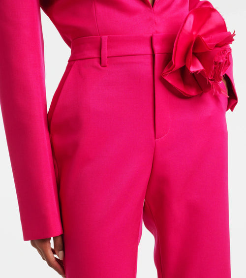 Area Floral Appliqué Wool Capri Pants in Pink