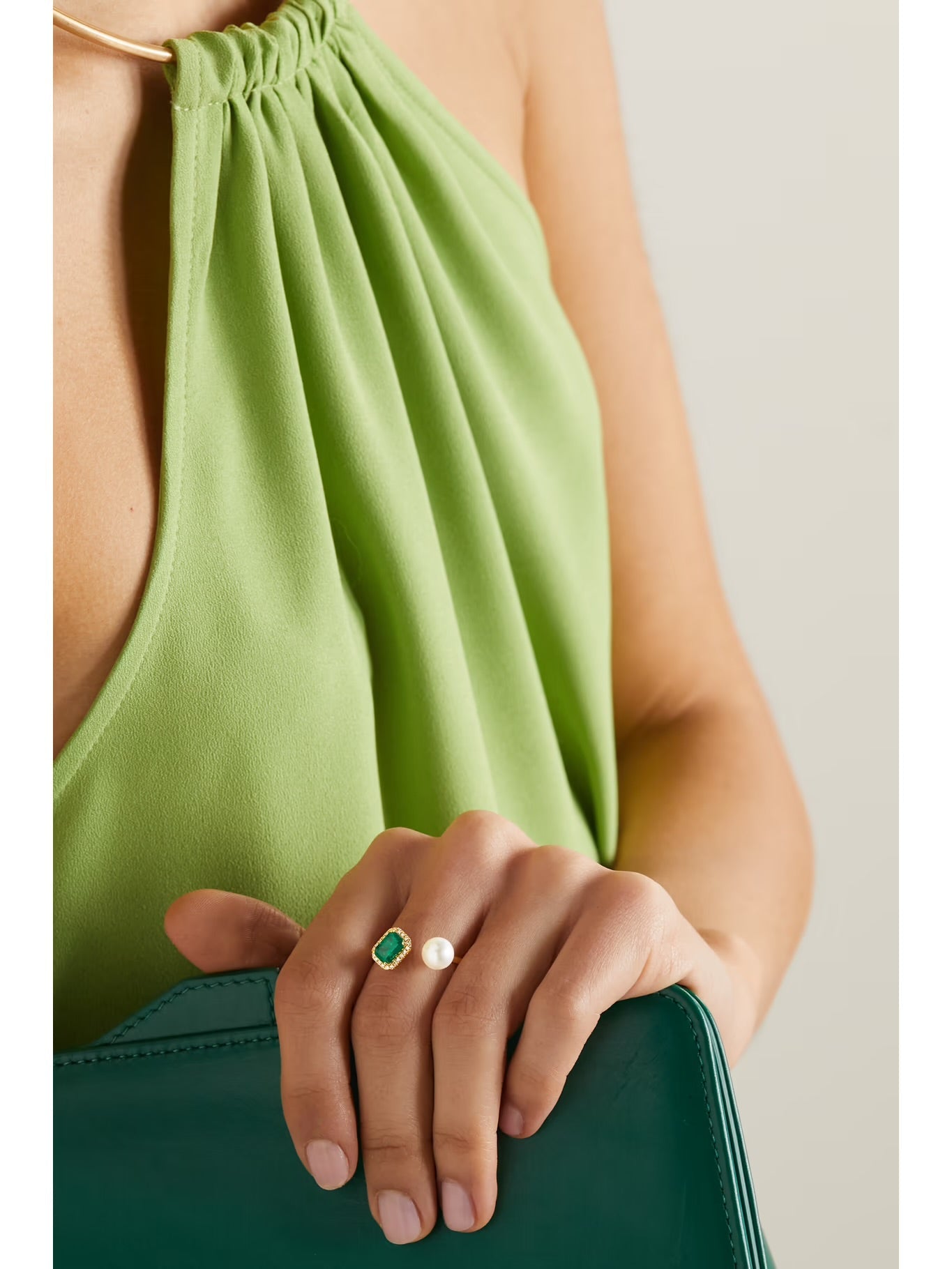 Diamond, Emerald and Pearl Open Ring, 18K Gold