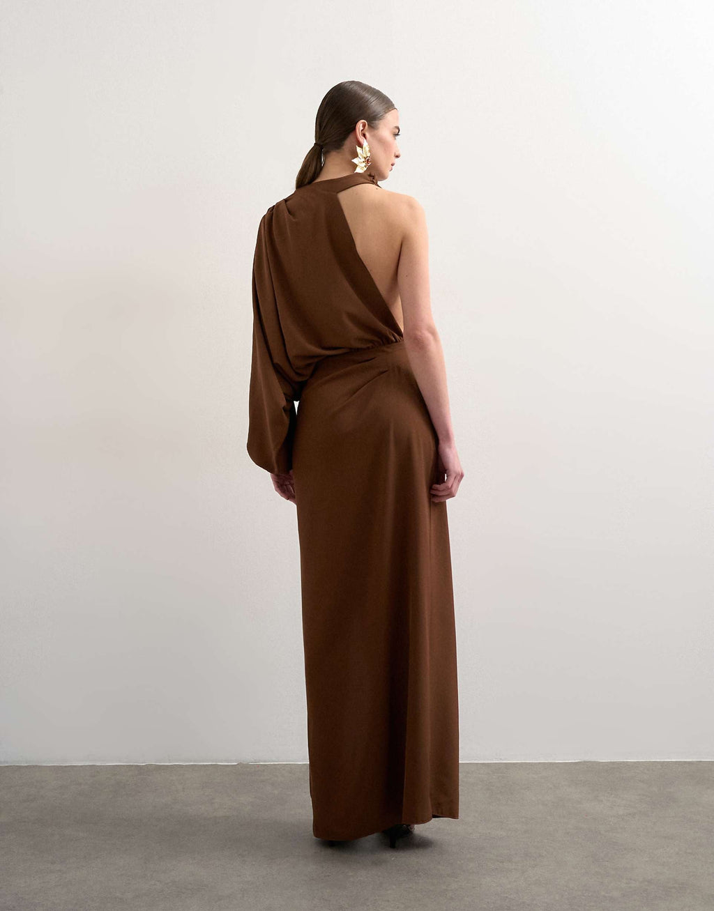 Topshop One Sleeve Drape Maxi Dress in Chocolate