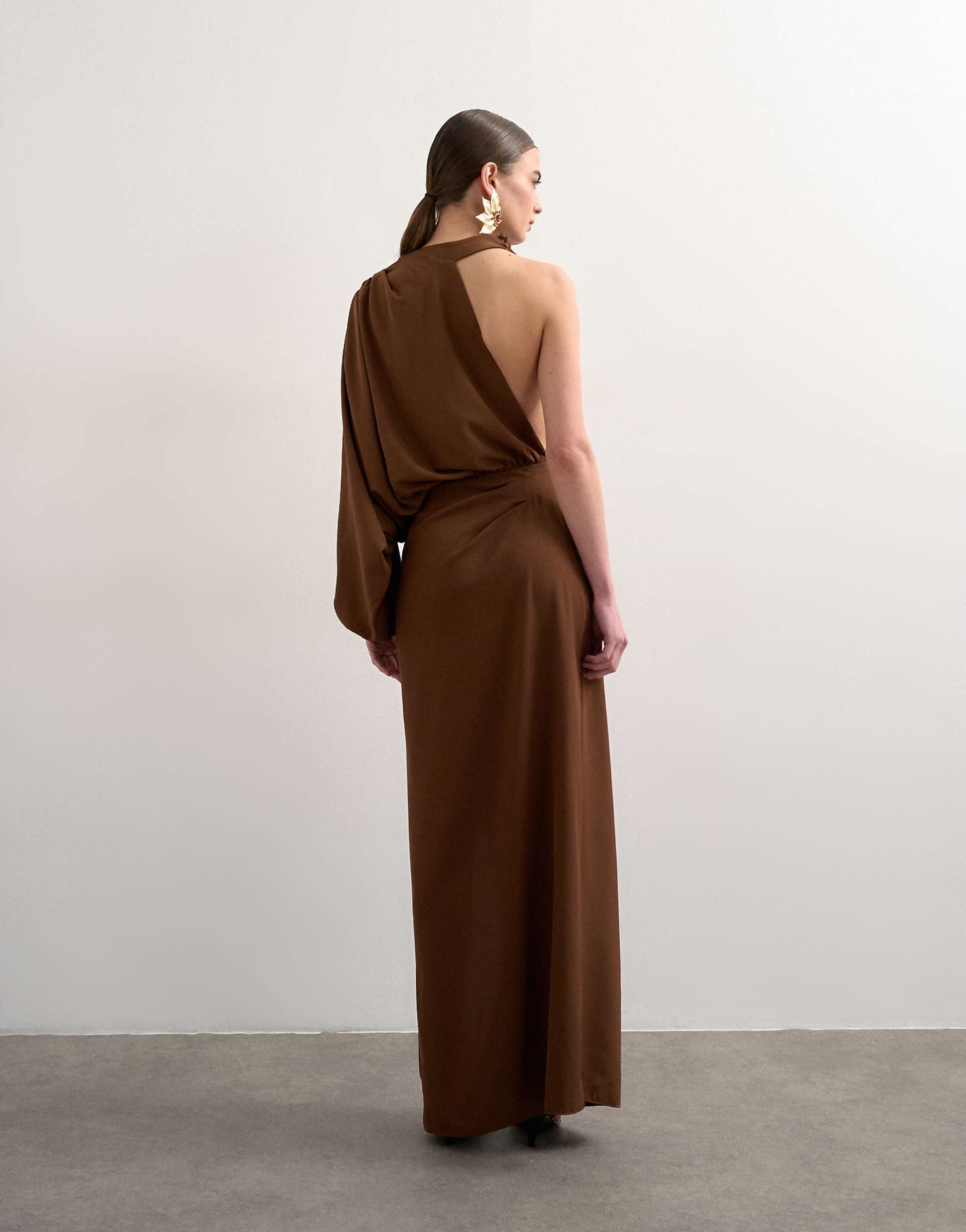 Topshop One Sleeve Drape Maxi Dress in Chocolate