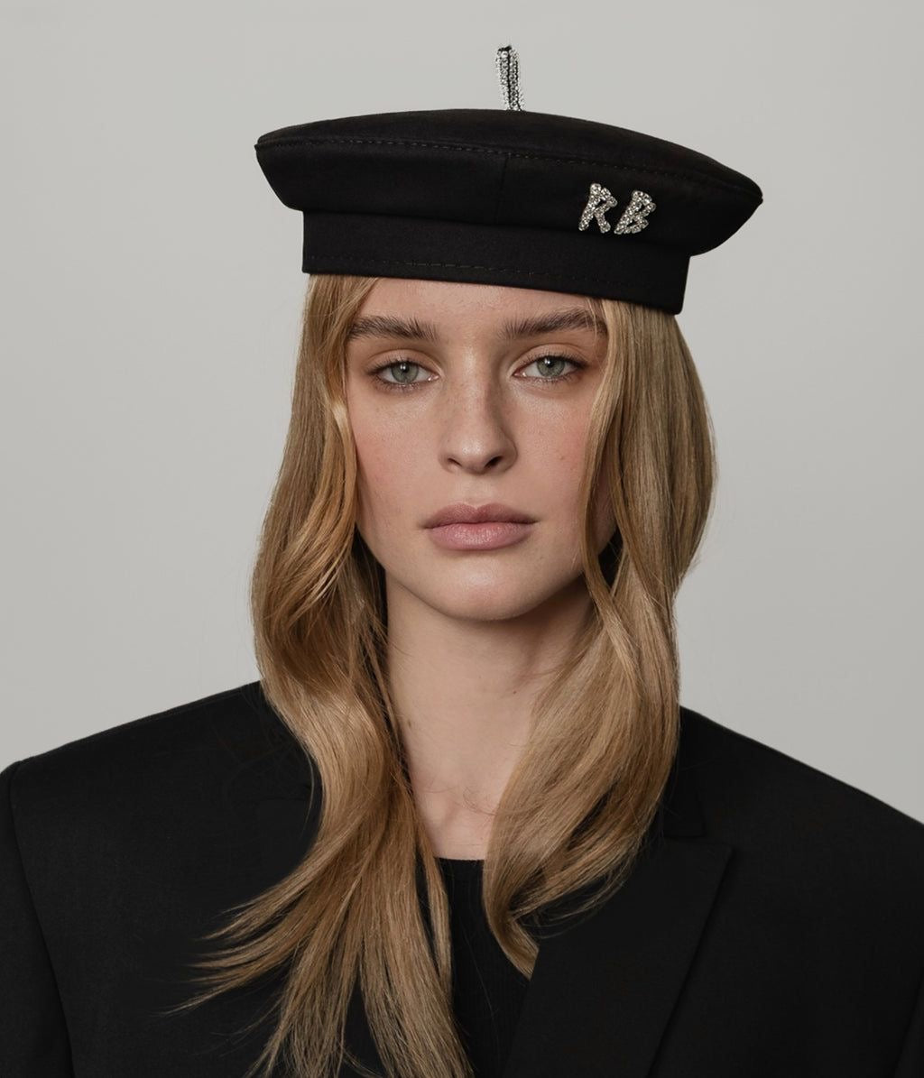 Ruslan Baginskiy Crystal-Embellished Black Cotton Beret