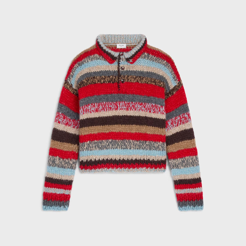 Polo Sweater in Mouline Alpaca and Wool — Red/Multicolor