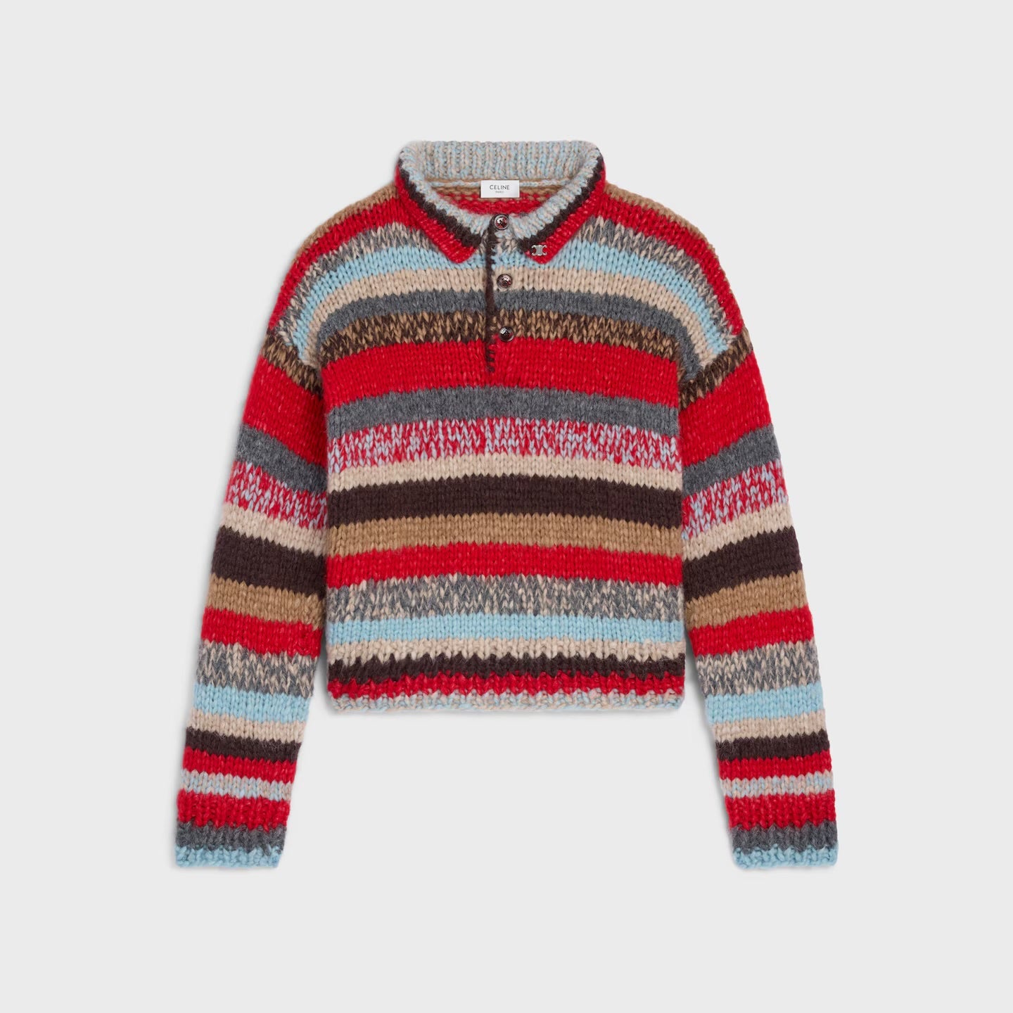 Polo Sweater in Mouline Alpaca and Wool — Red/Multicolor