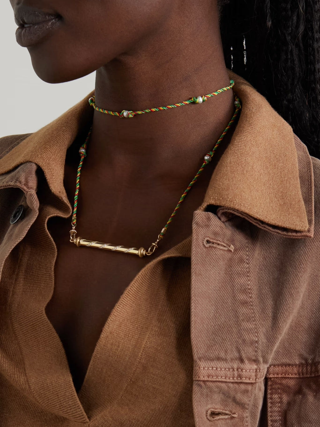 Candy Cane 18-Karat Gold, Cord, Pearl and Diamond Necklace