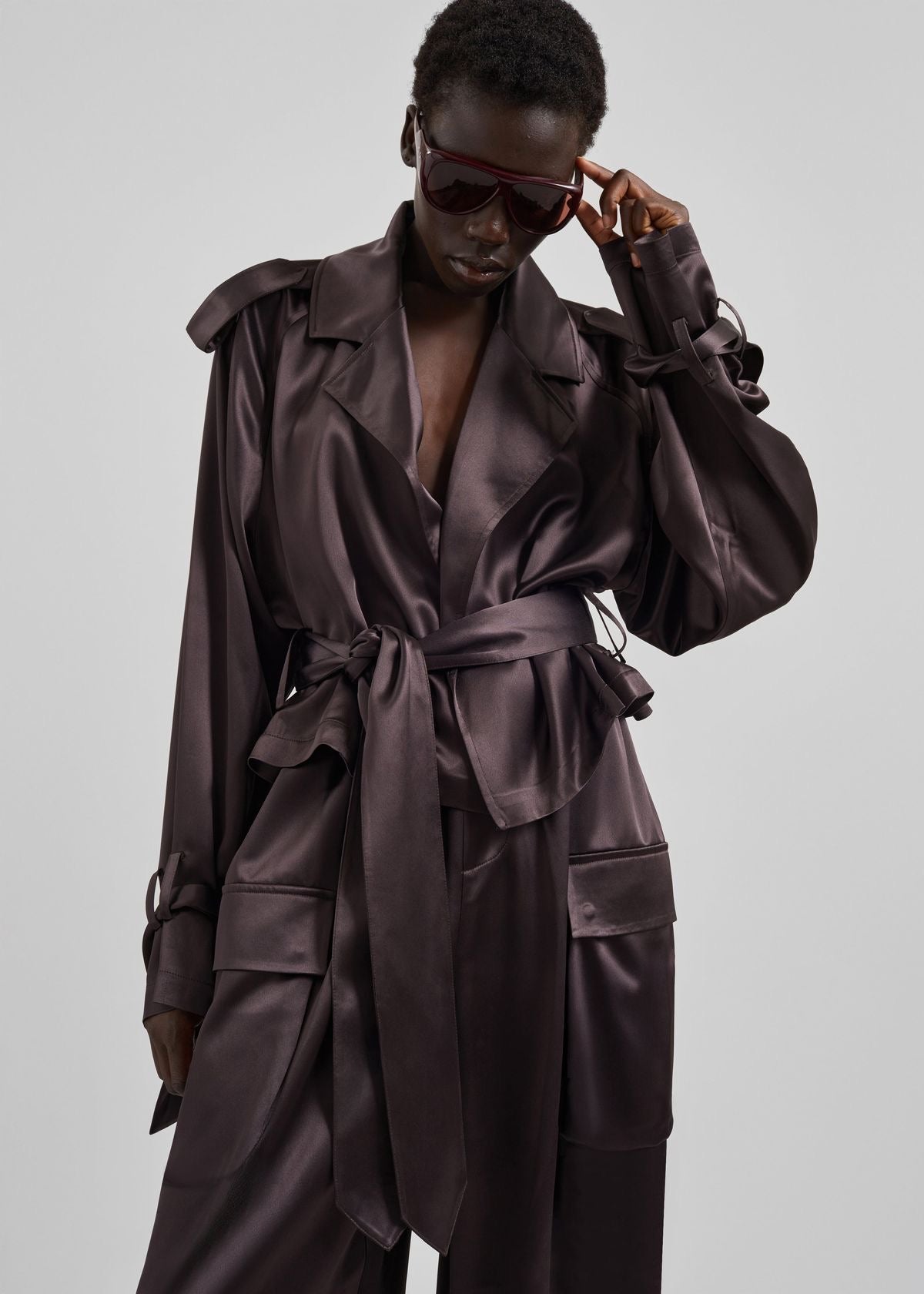 Simona Cropped Satin Trench Coat